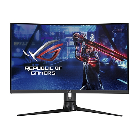 Ein Gaming-Monitor mit gekrümmtem Bildschirm, auf dem ein Mann mit rotem Lichtschwert vor einer futuristischen Kulisse zu sehen ist. Auf dem Bildschirm ist das ROG-Logo und "Republic of Gamers" zu sehen.