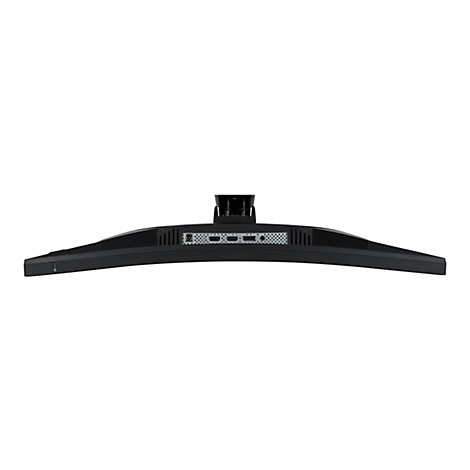 Rückansicht eines schwarzen, geschwungenen Monitors. Anschlüsse für Strom, HDMI und mehr sind sichtbar.