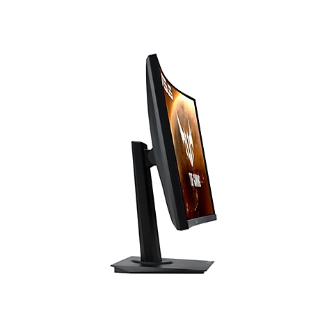 Ein schwarzer, gebogener Gaming-Monitor im Profil vor weißem Hintergrund. Auf dem Bildschirm ist das Logo abgebildet.