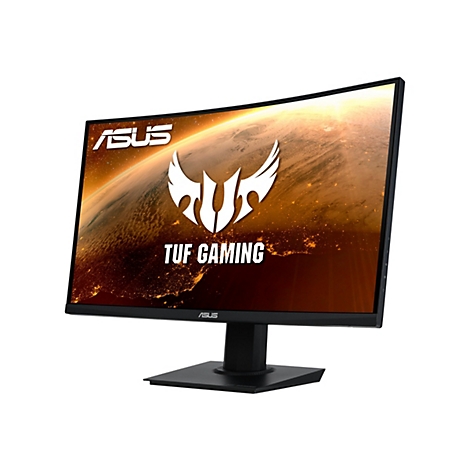 Ein schwarzer, gebogener ASUS-Gaming-Monitor mit dem TUF Gaming-Logo vor einem Weltraumhintergrund. Der Bildschirm ist auf einem Sockel montiert.