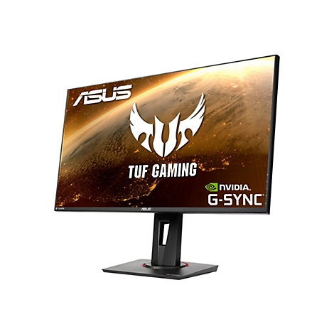 Ein ASUS TUF Gaming Monitor. Der Bildschirm zeigt ein goldenes Weltraumdesign, darunter Logos von ASUS, TUF Gaming und NVIDIA G-SYNC.
