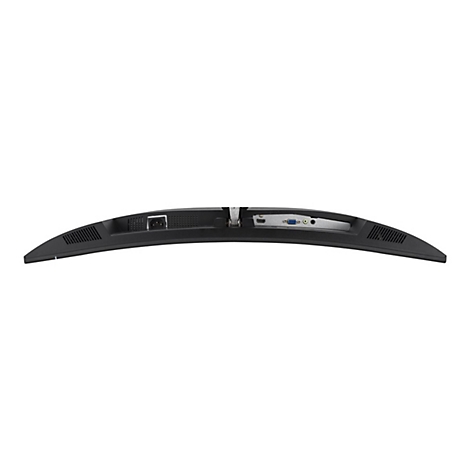 Die RÃ¼ckseite eines schwarzen, gebogenen Monitors. AnschlÃ¼sse fÃ¼r Strom, HDMI und VGA.