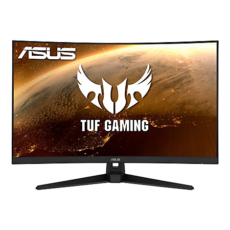 Schwarzer, gebogener Asus-Monitor mit TUF-Gaming-Logo. Im Hintergrund eine Darstellung der Erde.