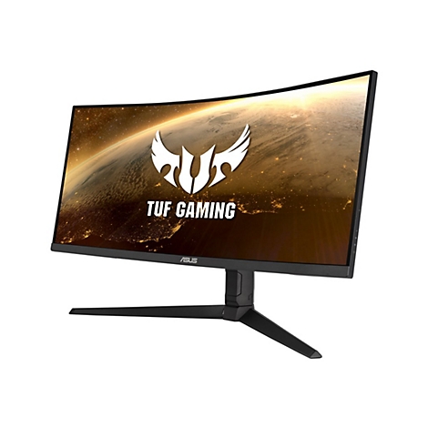 Schwarzer, gebogener Gaming-Monitor mit Logo TUF Gaming und ASUS. Der Bildschirm zeigt eine Weltraumlandschaft.