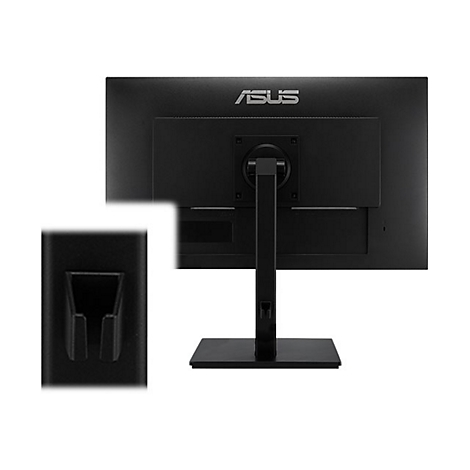 Moniteur noir avec logo ASUS et dos, et support. Une image dÃ©taillÃ©e montre le support pour les cÃ¢bles.