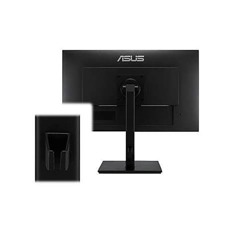 RÃ¼ckseite eines schwarzen ASUS-Monitors mit Halterung und einer Nahaufnahme eines Steckverbinders.