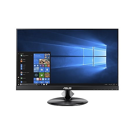 Moniteur ASUS noir avec fond d'Ã©cran Windows, sur fond blanc. En bas, il y a ASUS.