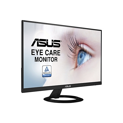 Ein schwarzer Asus Eye Care Monitor, auf dem eine Nahaufnahme eines blauen Auges abgebildet ist. Logos des Herstellers und des TÜV Rheinland.