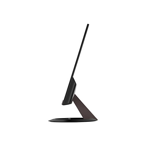 Seitenansicht eines schwarzen Monitors mit dunkelgrauem Ständer und einem weißen Hintergrund.