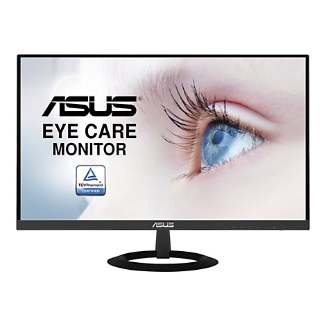 ASUS Eye Care Monitor. Nahaufnahme eines Auges im Monitor. Auf dem Monitor steht 'ASUS EYE CARE MONITOR' sowie ein Zertifizierungslogo.