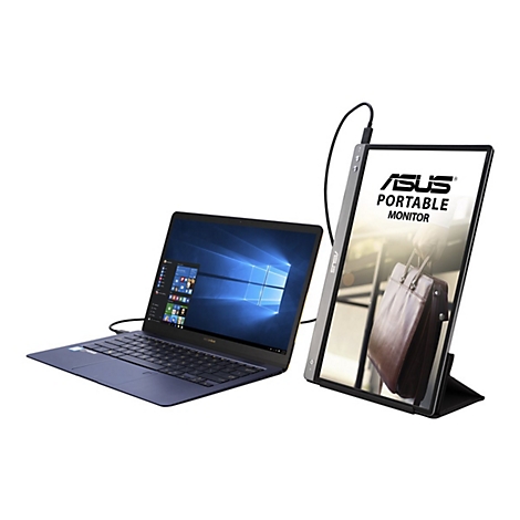 Ein Laptop mit einem externen, tragbaren ASUS Monitor; beide durch ein Kabel verbunden. Auf dem Monitor ist das Logo ASUS Portable Monitor zu sehen.