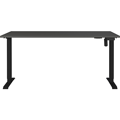 Un bureau gris réglable en hauteur avec des pieds noirs, sur fond blanc.