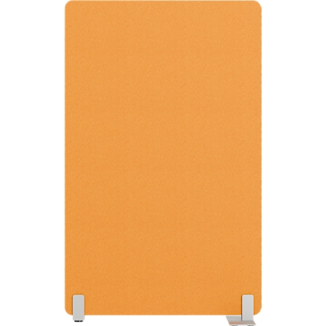 Séparateur de bureau rectangulaire orange avec pieds blancs.