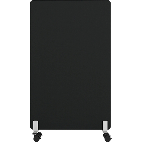 Cloison noire à roulettes avec cadre blanc. Le tableau repose sur quatre roulettes.