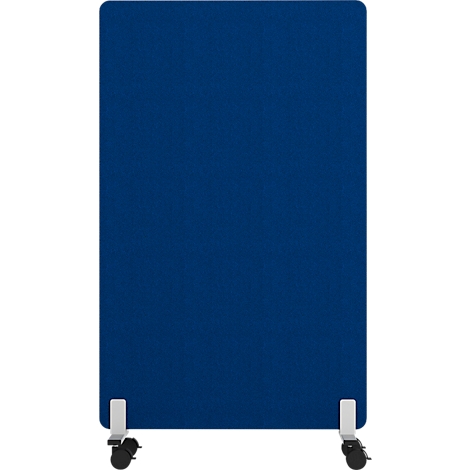Cloison de séparation bleue à roulettes. Surface rectangulaire bleue, avec des supports blancs et des roulettes noires aux coins.