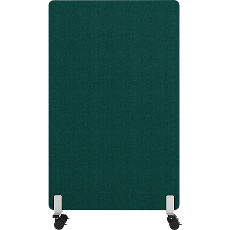 Une cloison autoportante vert foncé sur roulettes.