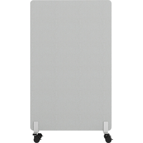 Cloison rectangulaire grise avec roulettes. Deux supports blancs en bas et une roue noire chacun.