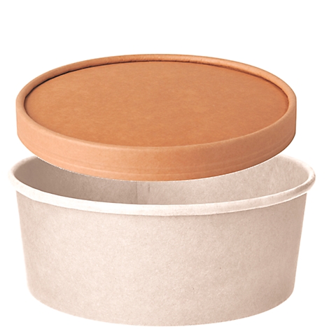 Becher mit Deckel; beide aus braunem Papier, Deckel leicht angehoben.