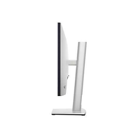 Monitor in Seitenansicht, silberner Rahmen, schwarzer Bildschirm, silberner StÃ¤nder, weiÃŸer Hintergrund.