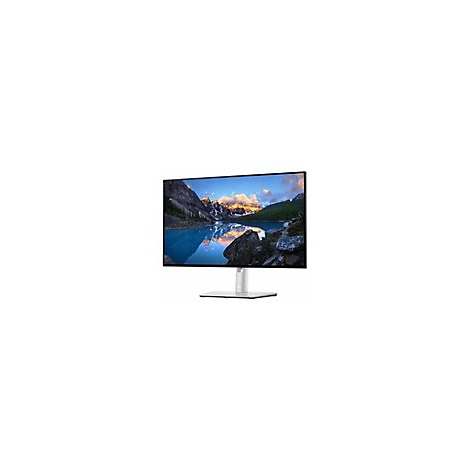 Ein Computerbildschirm mit Berglandschaft. Der Bildschirm ist schwarz gerahmt und steht auf einem silbernen StandfuÃŸ.
