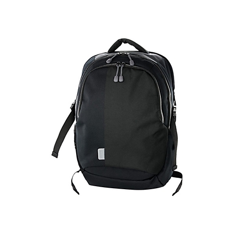 Schwarzer Rucksack mit grauem Griff und ReiÃŸverschlÃ¼ssen, sowie silbernen Details.