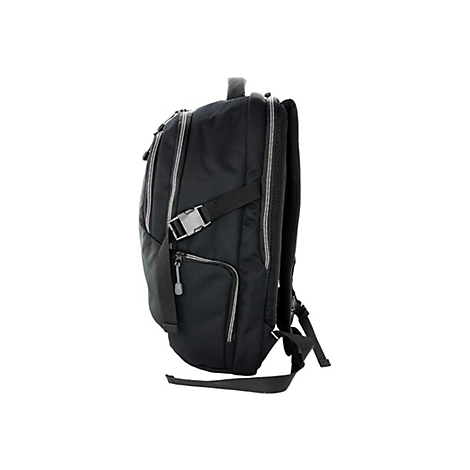Schwarzer Rucksack mit silberfarbenen ReiÃŸverschlÃ¼ssen, Schnallen und Details, Seitenansicht.