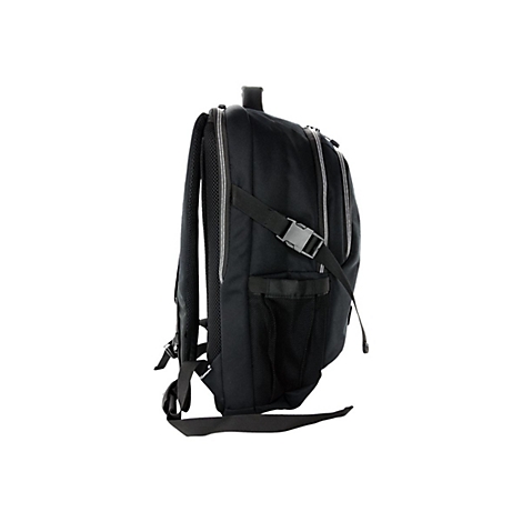 Schwarzer Rucksack im Profil mit silbernen ReiÃŸverschlÃ¼ssen und Schnallen.