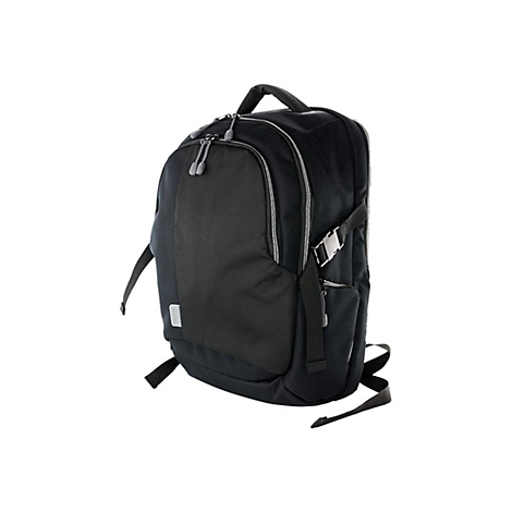 Schwarzer Rucksack, Seitenansicht, Schultergurte und Tragegriff.