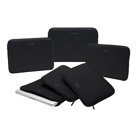 Schwarze Laptoptaschen der Marke Dicota, teilweise geöffnet. Ein Laptop ist in einer Tasche sichtbar.
