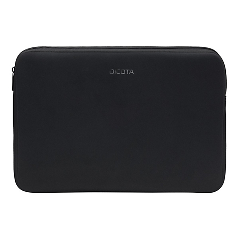 Schwarze Laptoptasche mit Reißverschluss. Oben links steht der Schriftzug "DICOTA".