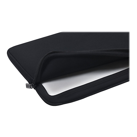 Schwarze Laptop-Tasche, geöffnet, Reißverschluss sichtbar, DICOTA Logo.