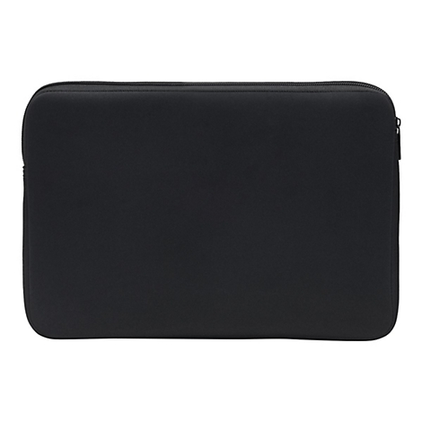 Schwarze Laptoptasche mit Reißverschluss. Rechteckige Form, abgerundete Ecken, glatte Oberfläche.