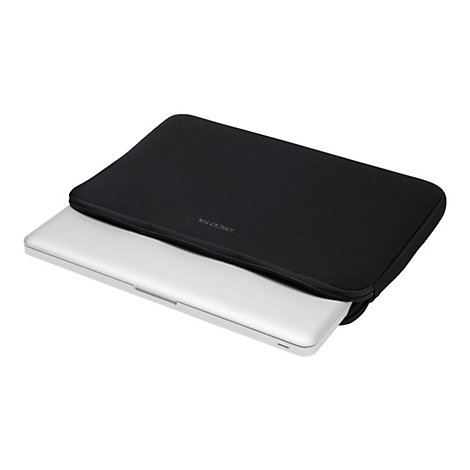 Schwarze Laptoptasche mit einem silbernen Laptop. Das Case ist leicht geöffnet, der Name "Dicota" ist zu sehen.