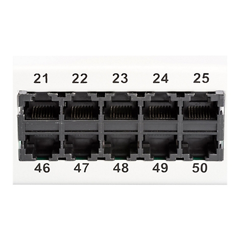Gros plan sur un panneau blanc avec cinq ports Ethernet noirs, numÃ©rotÃ©s de 21 Ã  25 et de 46 Ã  50.