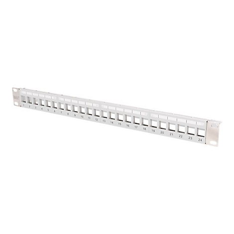 WeiÃŸe Patchpanel-Blende mit 24 nummerierten AnschlÃ¼ssen vor weiÃŸem Hintergrund.