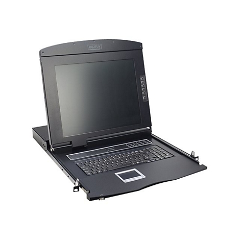 Schwarzes Rack mit Bildschirm, Tastatur und Touchpad.