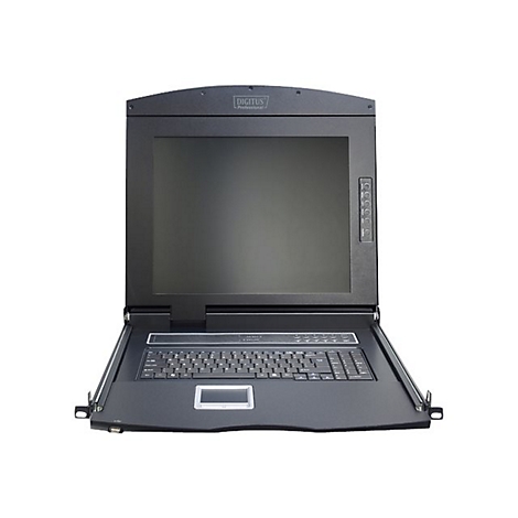 Schwarzer, ausziehbarer Monitor mit Tastatur und Touchpad. Oben ist der Markenname Digitus zu sehen.