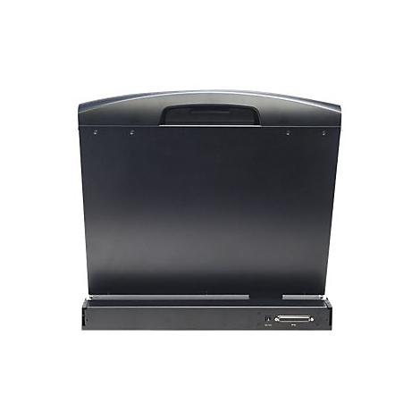 Schwarzer, offener Koffer oder Monitor mit Griff. Unten befinden sich AnschlÃ¼sse und KnÃ¶pfe.