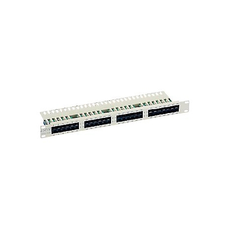 Ein weiÃŸes Patchpanel mit vielen AnschlÃ¼ssen und Ã–ffnungen. Schwarze Buchsen, grÃ¼ne und blaue Details sind zu sehen. Der Hintergrund ist weiÃŸ.