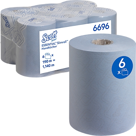 Rouleaux de papier essuie-mains bleus. À gauche, un paquet de 6 rouleaux, à droite, un seul rouleau. Inscription : Scott ESSENTIAL Slimroll.