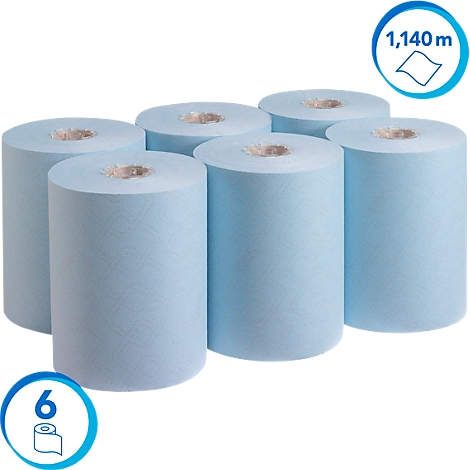 Six rouleaux de chiffons de nettoyage bleu clair. Deux cercles bleus avec info : 6 rouleaux et 1 140 m. Fond neutre.