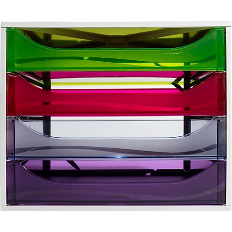 Ein Dokumentenablage-System mit vier übereinanderliegenden, transparenten Schubladen in Grün, Pink, Blau und Violett.