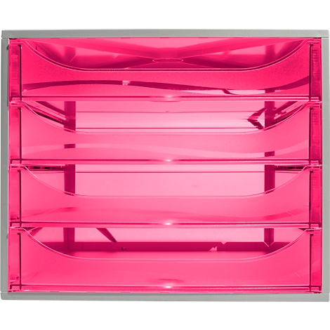 Ein pinkfarbenes, durchsichtiges Briefablagesystem mit vier Fächern in einem grauen Metallrahmen.