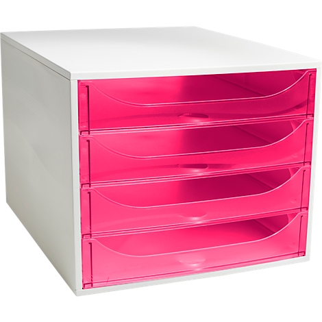 Weißer Büro-Organizer mit vier halbtransparenten, pinken Schubladen vor weißem Hintergrund.