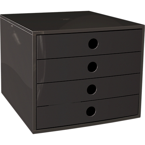 Caisson à tiroirs noir à quatre compartiments avec poignées encastrées circulaires sur fond neutre.