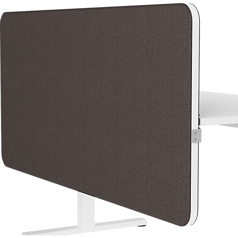 Brown, rectangular desk divider with white frame. It stands on a white base and is attached to a white tabletop.