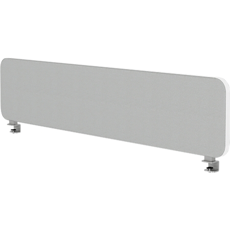 Grey desk partition with rounded corners and clamps.