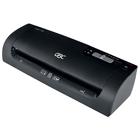 Schwarzes GBC-Laminiergerät. Oben rechts befinden sich ein Schalter und Kontrollleuchten. Das GBC-Logo ist deutlich sichtbar.