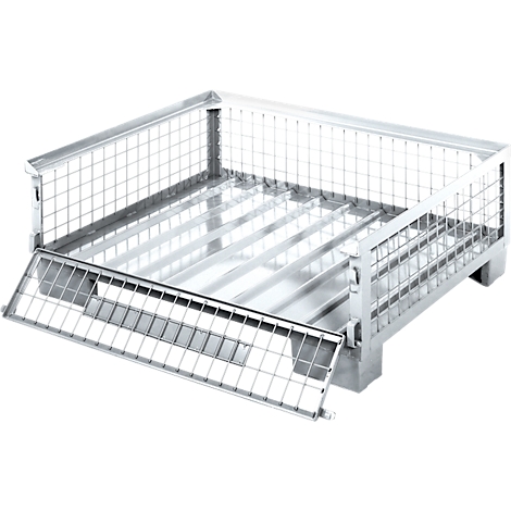 Metallkorb mit absenkbaren Seitenteil und Gitterrahmen. Die Kanten sind verstärkt.