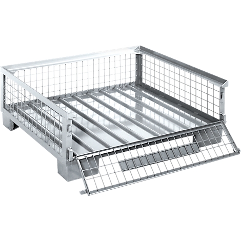 Ein offener, metallischer Gitterbehälter; eine Frontklappe ist geöffnet.
